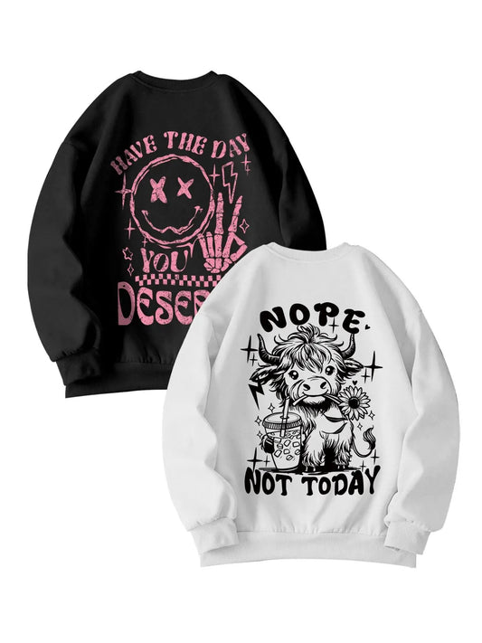 Women's Letter & Cow Print Crew Neck Sweatshirt, Casual Long Sleeve Pullover for Fall & Winter, Women's Clothes for Daily...
