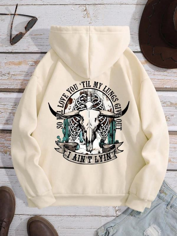 Women's Letter & Cow Print Drawstring Pocket Drop Shoulder Hoodie, Hooded Long Sleeve Pullover For Daily Vacation Outdoor...