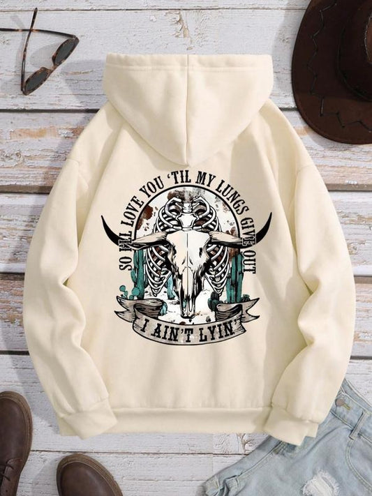 Women's Letter & Cow Print Drawstring Pocket Drop Shoulder Hoodie, Hooded Long Sleeve Pullover For Daily Vacation Outdoor...