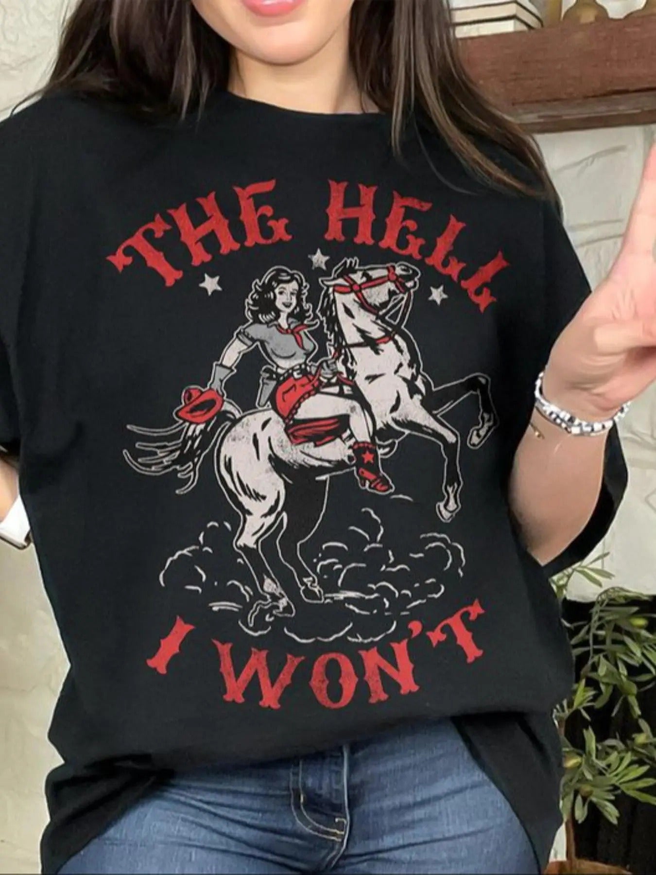 Women's Letter & Cowgirl Print Drop Shoulder Tee, Casual Half Sleeve Round Neck T-shirt for Daily Wear, Ladies Clothes...