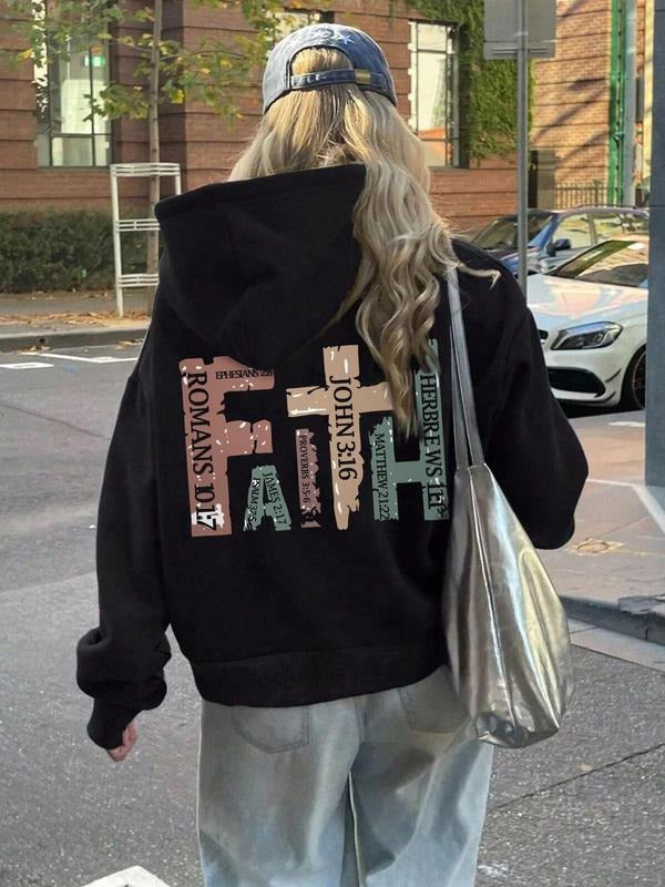 Women's Letter & Cross Print Drop Shoulder Hoodie, Fashion Casual Drawstring Pocket Hooded Sweatshirt for Daily Holiday...