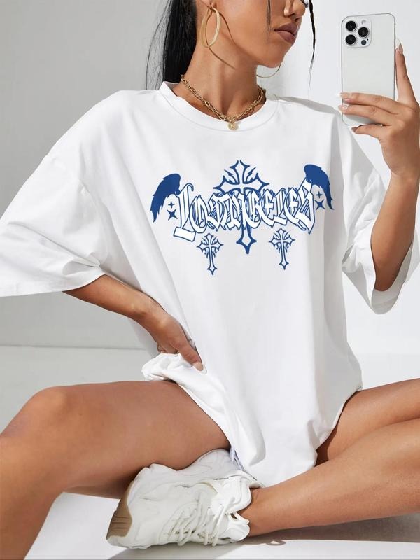 Women's Letter & Cross Print Round Neck Drop Shoulder Tee, Casual Streetwear Half Sleeve Crew Neck T-Shirt for Daily...