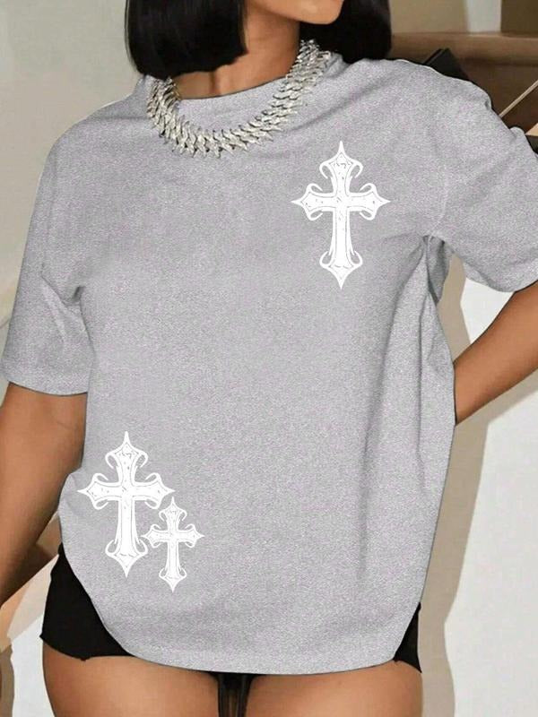 Women's Letter & Cross Print Round Neck Tee, Casual Short Sleeve Crew Neck T-shirt for Summer, Fashion Women's Top for...