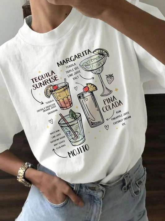 Women's Letter & Drink Print Round Neck Tee, Casual Short Sleeve Crew Neck T-Shirt for Summer, Fashion Women's Top for...