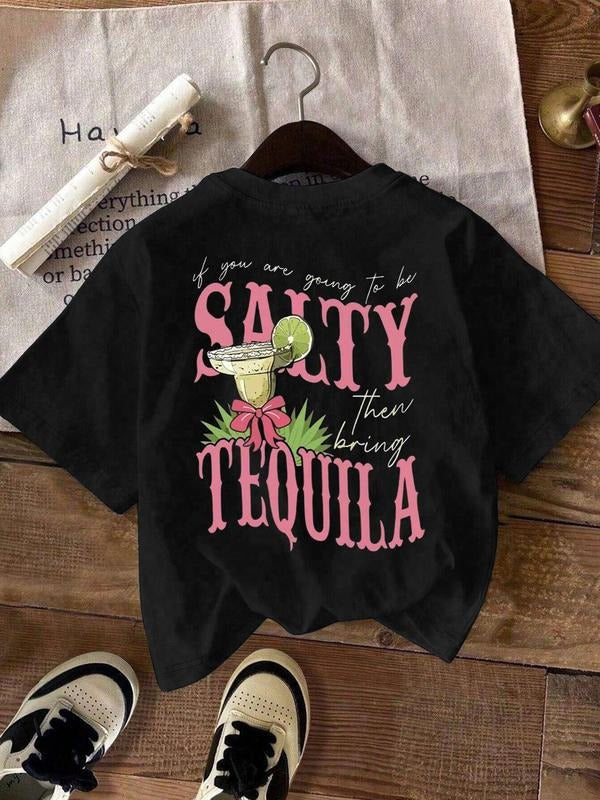 Women's Letter & Drink Print Round Neck Tee, Trendy Casual Short Sleeve T-shirt for Daily Wear, Ladies All Seasons...