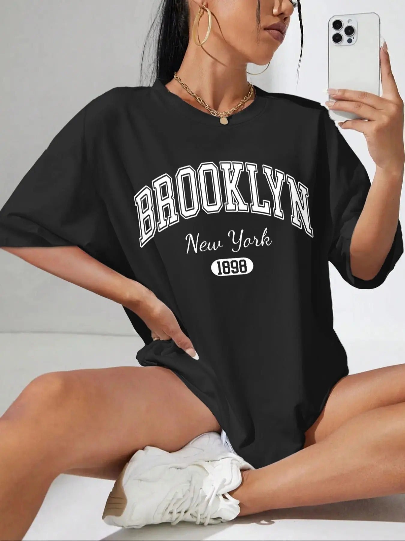 Women's Letter & Figure Print Drop Shoulder Tee, Casual Half Sleeve Round Neck T-Shirt, Women's Top for Daily Wear...
