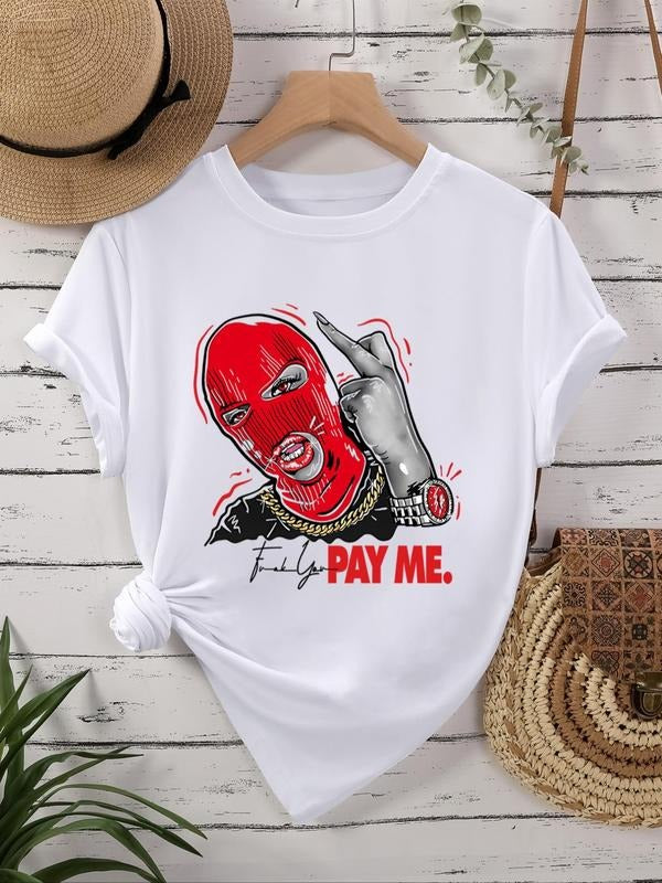 Women's Letter & Figure Print Round Neck Graphic Tee, Vintage Trendy Casual Short Sleeve T-shirt for Daily Wear, Ladies...