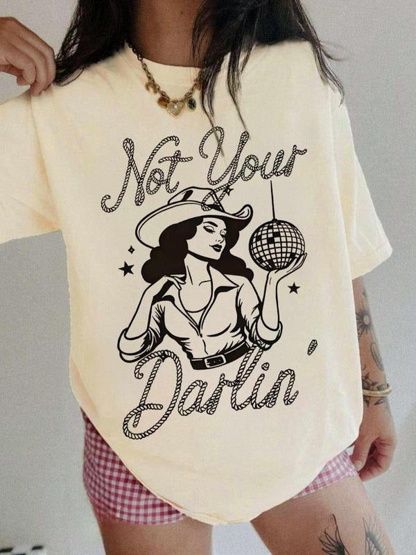 Women's Letter & Figure Print Round Neck Tee, Casual Half Sleeve Crew Neck T-shirt for Summer, Fashion Women's Top for...