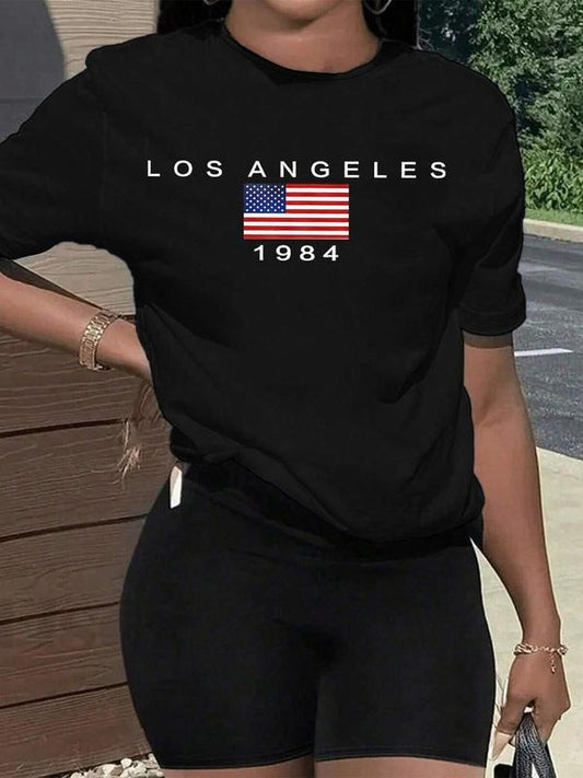 Women's Letter & Flag Print Round Neck Tee, Casual Short Sleeve Crew Neck T-Shirt for Summer, Fashion Women's Top for...