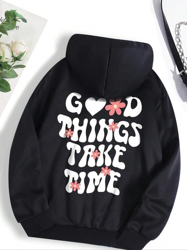 Women's Letter & Floral Print Drawstring Pocket Hoodie, Fashion Casual Comfort Fitted Long Sleeve Hooded Sweatshirt...