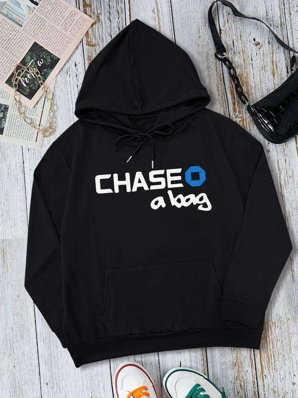 Women's Letter & Geometric Print Drop Shoulder Hoodie, Fashion Casual Drawstring Pocket Hooded Sweatshirt for Daily...