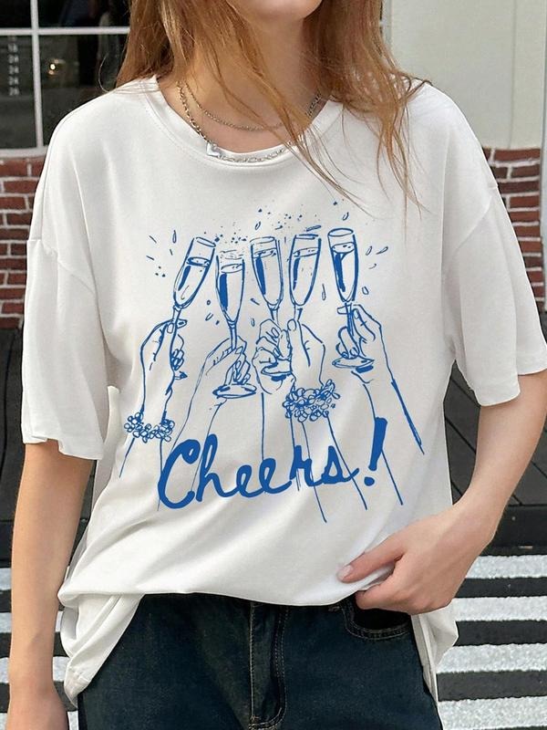 Women's Letter & Glass Print Round Neck Tee, Casual Short Sleeve T-shirt for Daily Wear, Ladies Clothes for All Seasons...