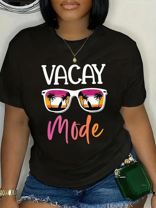 Women's Letter & Glasses Print Round Neck Tee, Fashion Casual Crew Neck Short Sleeve T-Shirt for Daily Holiday Vacation...
