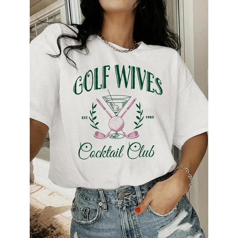 Women's Letter & Golf Print Drop Shoulder Tee, Casual Short Sleeve Round Neck T-Shirt for Summer, Ladies Clothes for...