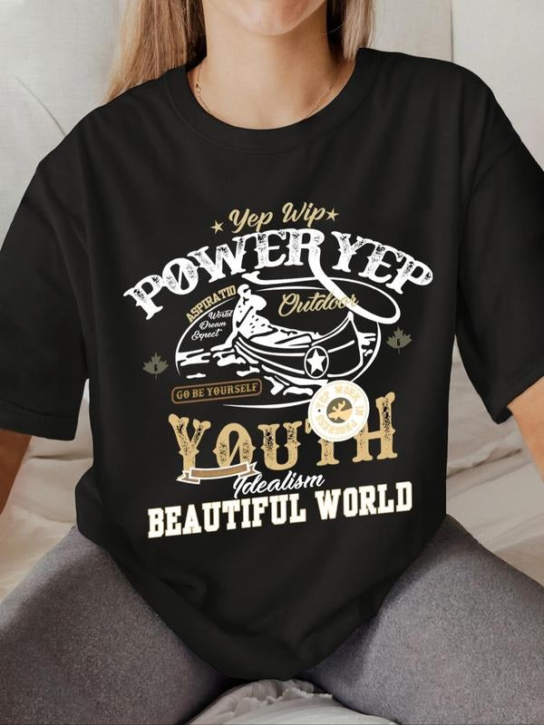 Women's Letter & Graphic Print Round Neck Graphic Tee, Vintage Trendy Casual Short Sleeve T-shirt For Daily Wear, Ladies...