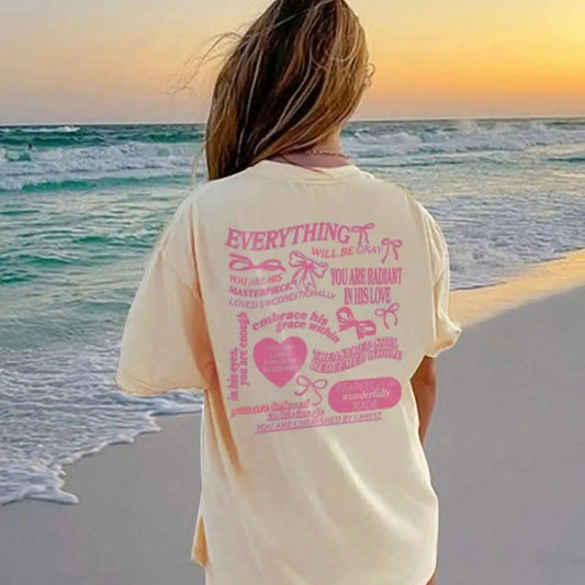 Women's Letter & Heart Graphic Print Round Neck Tee, Fashion Casual Drop Shoulder Short Sleeve T-shirt, Ladies Summer...