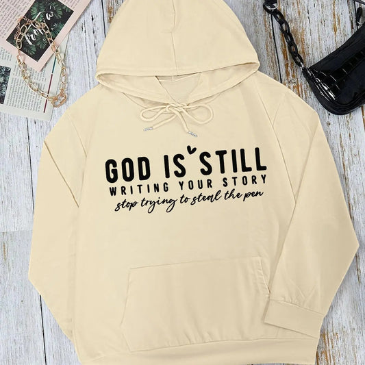 Women's Letter & Heart Print Drop Shoulder Hoodie, Fashion Casual Drawstring Pocket Hooded Sweatshirt for Daily Holiday...