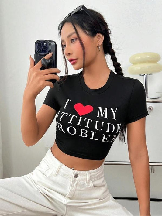 Women's Letter & Heart Print Round Neck Crop Tee, Casual Crew Neck Short Sleeve T-shirt, Women Summer Clothes for Daily...