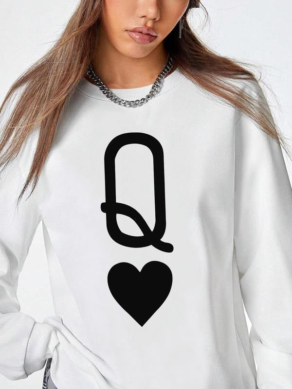 Women's Letter & Heart Print Round Neck Sweatshirt, Casual Long Sleeve Pullover for Fall & Winter, Women's Clothes for...