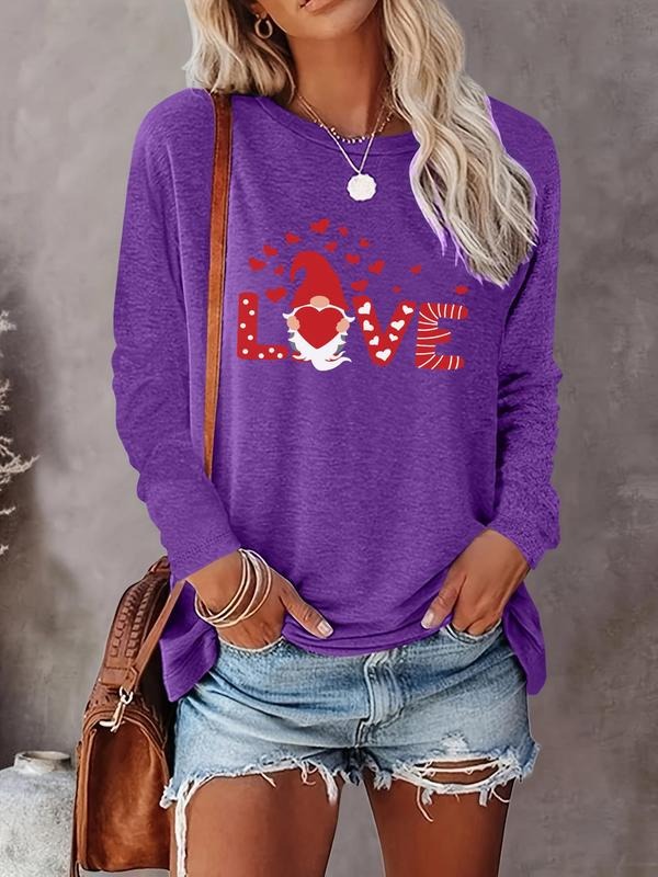 Women's Letter & Heart Print Round Neck Tee, Casual Long Sleeve Crew Neck T-shirt for Fall & Winter, Women's Top for...