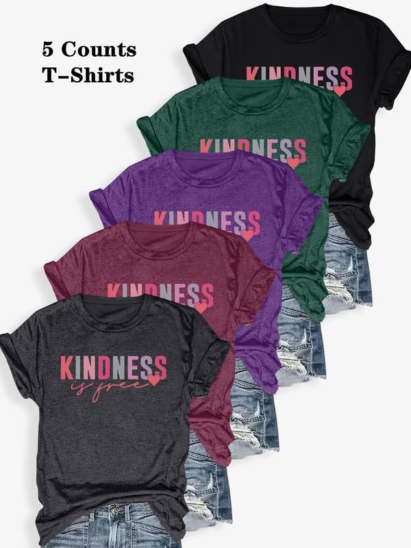 Women's Letter & Heart Print Round Neck Tee, Casual Short Sleeve Crew Neck T-shirt for Summer, Fashion Women's Top for...