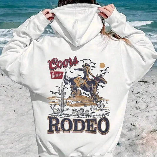 Women's Letter & Horse Print Drop Shoulder Hoodie, Fashion Casual Drawstring Pocket Hooded Sweatshirt for Daily Holiday...