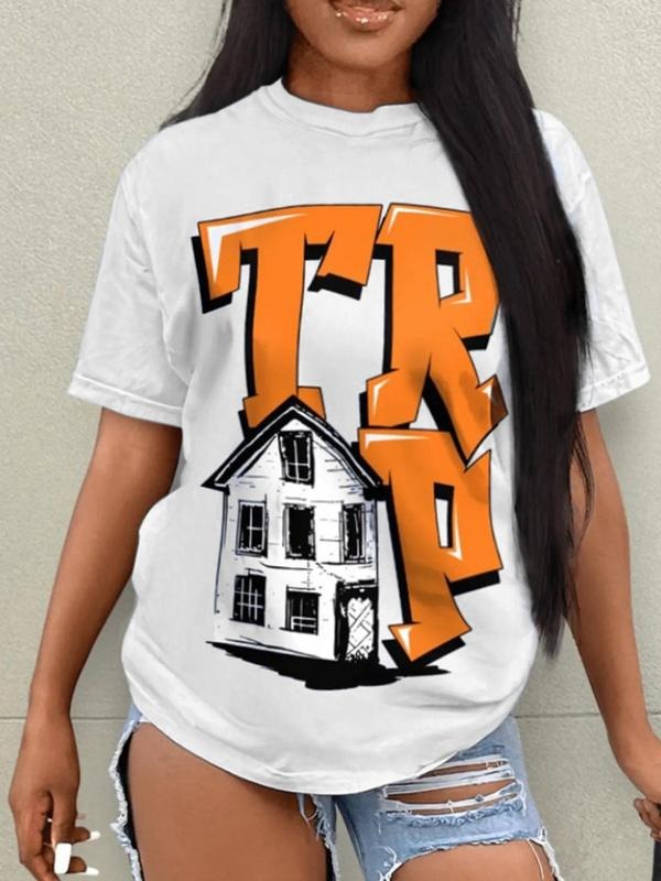 Women's Letter & House Print Round Neck Tee, Vintage Trendy Casual Short Sleeve T-shirt for Daily Wear, Ladies All...