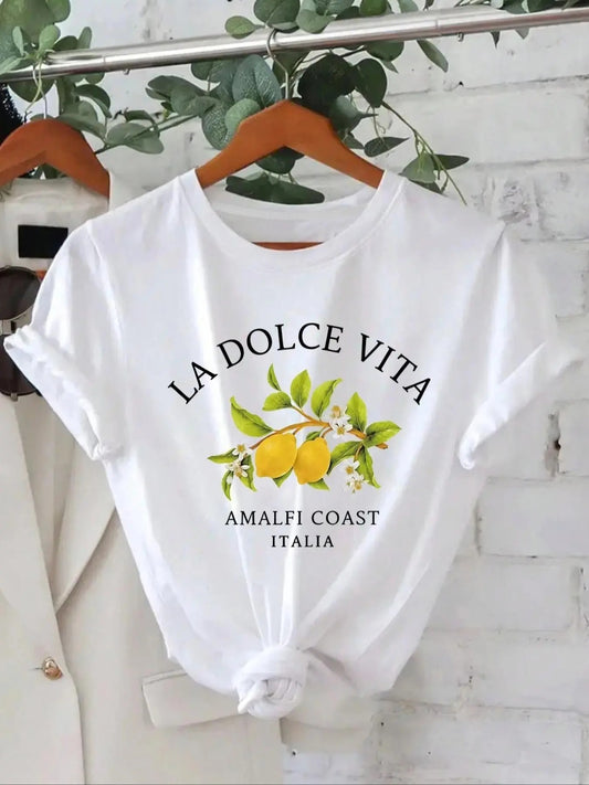 Women's Letter & Lemon Print Round Neck Tee, Casual Short Sleeve Crew Neck T-Shirt for Summer, Fashion Women's Top for...