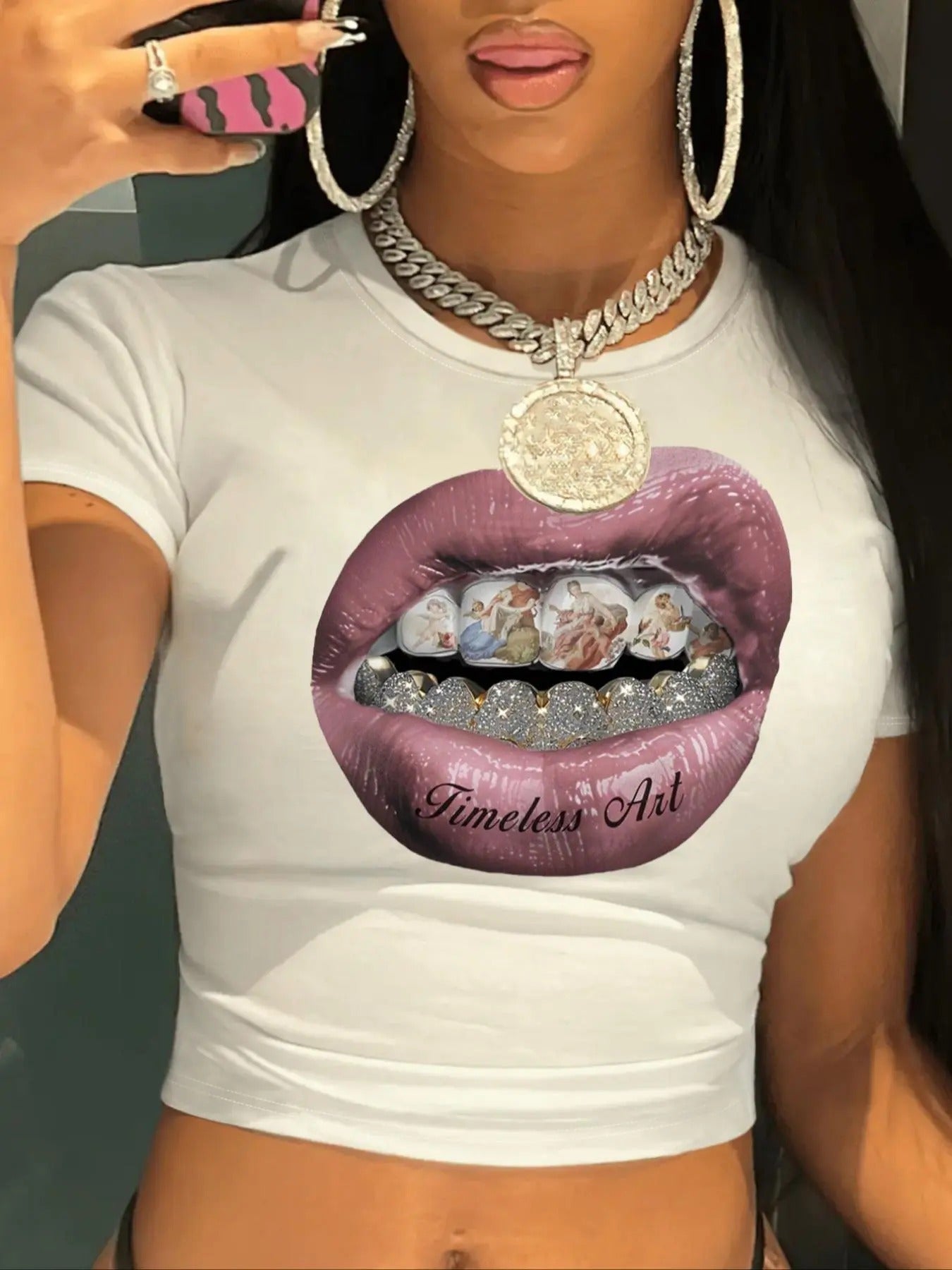 Women's Letter & Lip Print Round Neck Crop Tee, Fashion Casual Crew Neck Short Sleeve T-shirt for Daily Holiday Vacation...