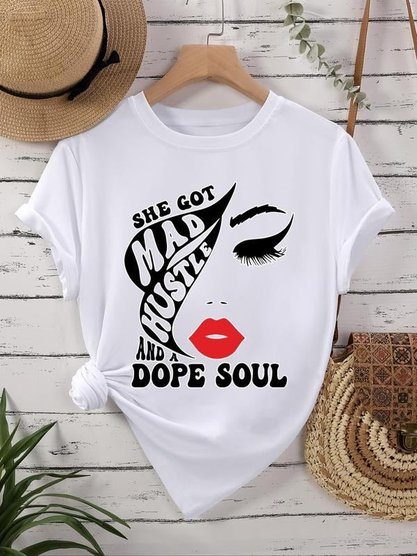 Women's Letter & Lip Print Round Neck Tee, Fashion Casual Crew Neck T-Shirt for Daily Holiday Vacation Outdoor Wear,...