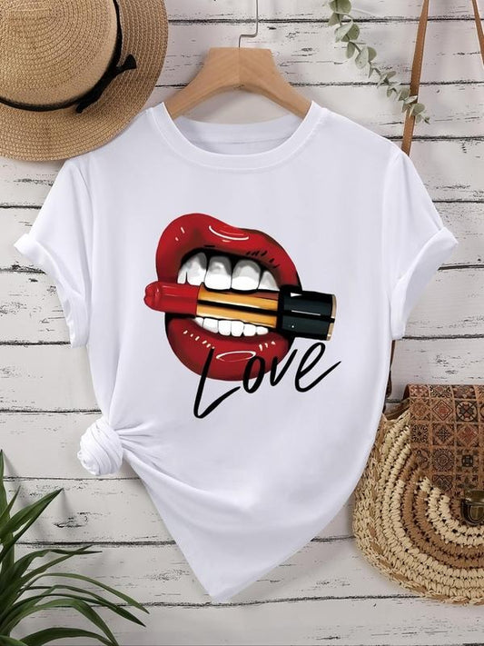 Women's Letter & Lip Print Short Sleeve T-shirt, Fashion Casual Crew Neck Tee for Daily Holiday Vacation Outdoor Wear,...