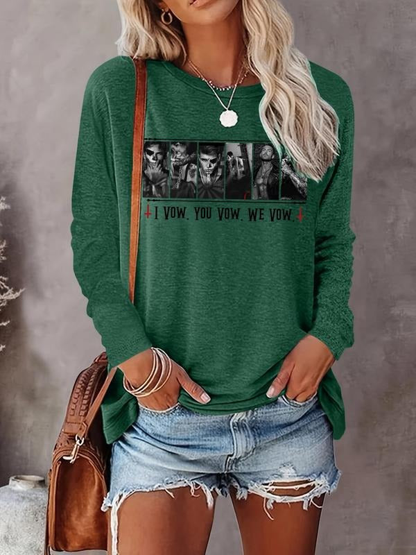 Women's Letter & Men Print Round Neck Tee, Casual Long Sleeve Crew Neck T-shirt for Fall & Winter, Women's Top for Daily...