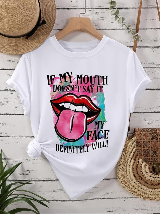 Women's Letter & Mouth Print Round Neck Tee, Fashion Casual Crew Neck Short Sleeve T-shirt for Daily Holiday Vacation...