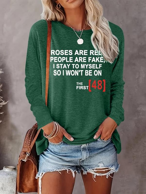 Women's Letter & Number Print Round Neck Tee, Casual Long Sleeve Crew Neck Top for Fall & Winter, Women's Top for Daily...