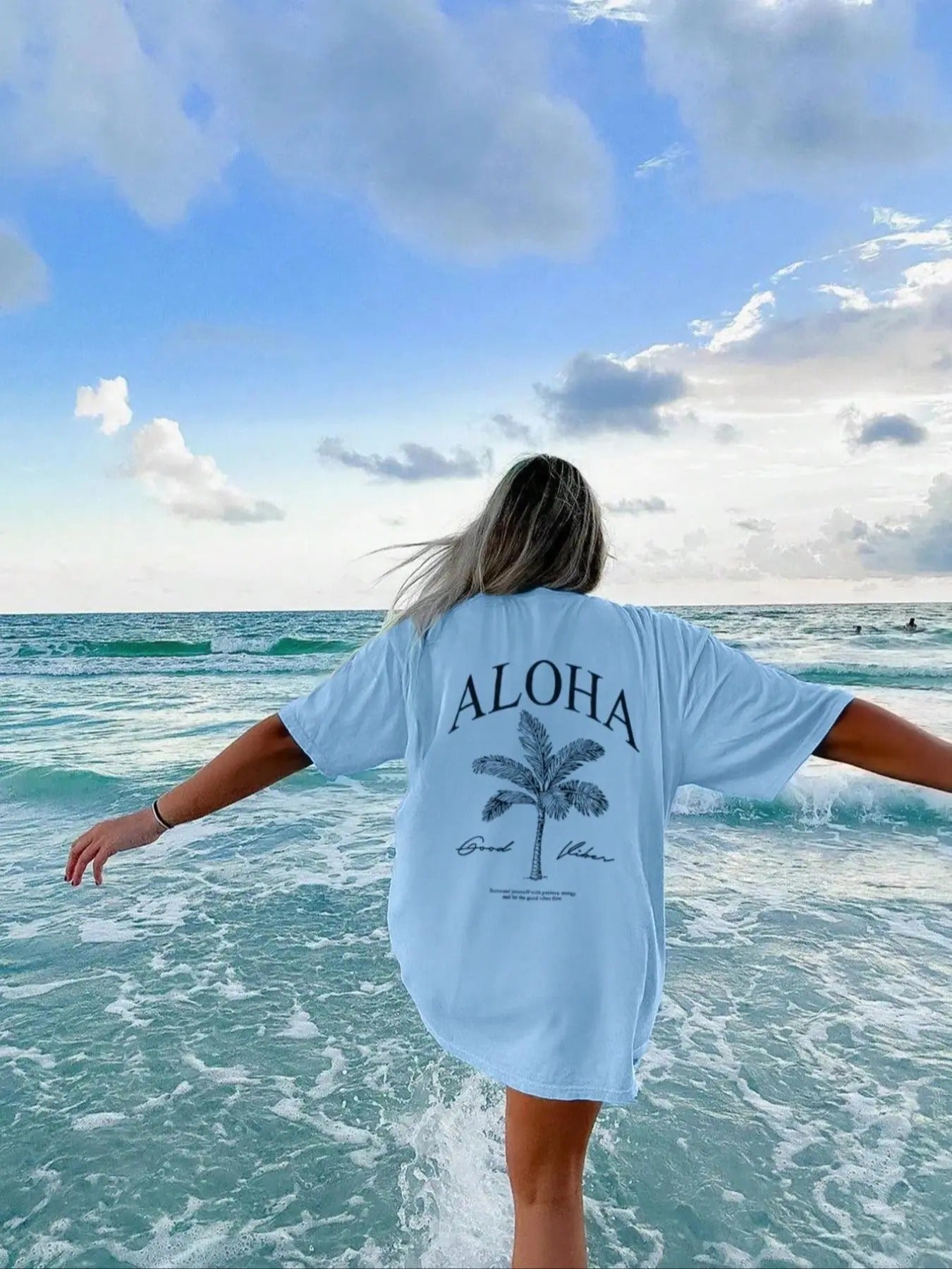 Women's Letter & Palm Tree Print Drop Shoulder Tee, Casual Half Sleeve Round Neck T-Shirt for Summer, Ladies Clothes for...