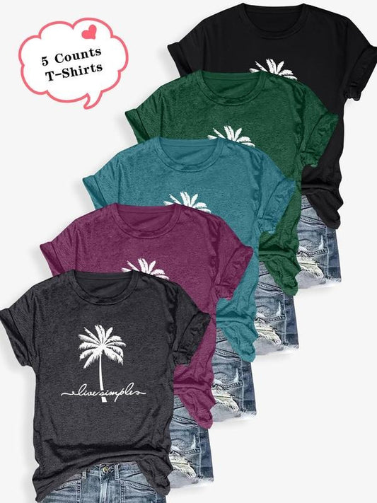 Women's Letter & Palm Tree Print Round Neck Tee, Casual Short Sleeve Crew Neck T-shirt for Summer, Fashion Women's Top...