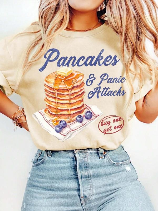 Women's Letter & Pancake Print Round Neck Tee, Trendy Casual Crew Neck Short Sleeve T-shirt for Daily Wear, Ladies All...