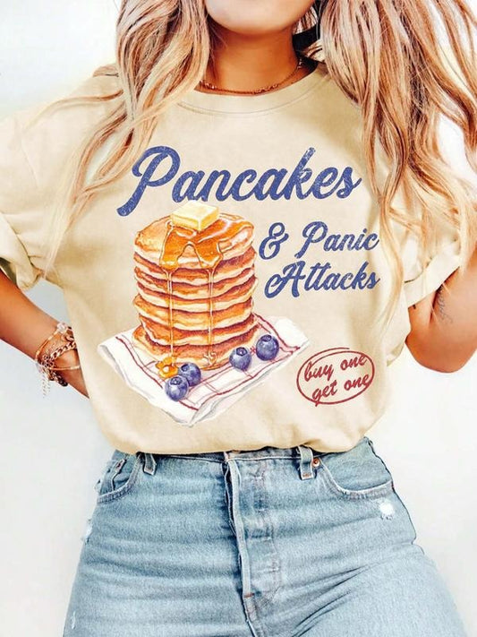 Women's Letter & Pancake Print Round Neck Tee, Trendy Casual Crew Neck Short Sleeve T-shirt for Daily Wear, Ladies All...