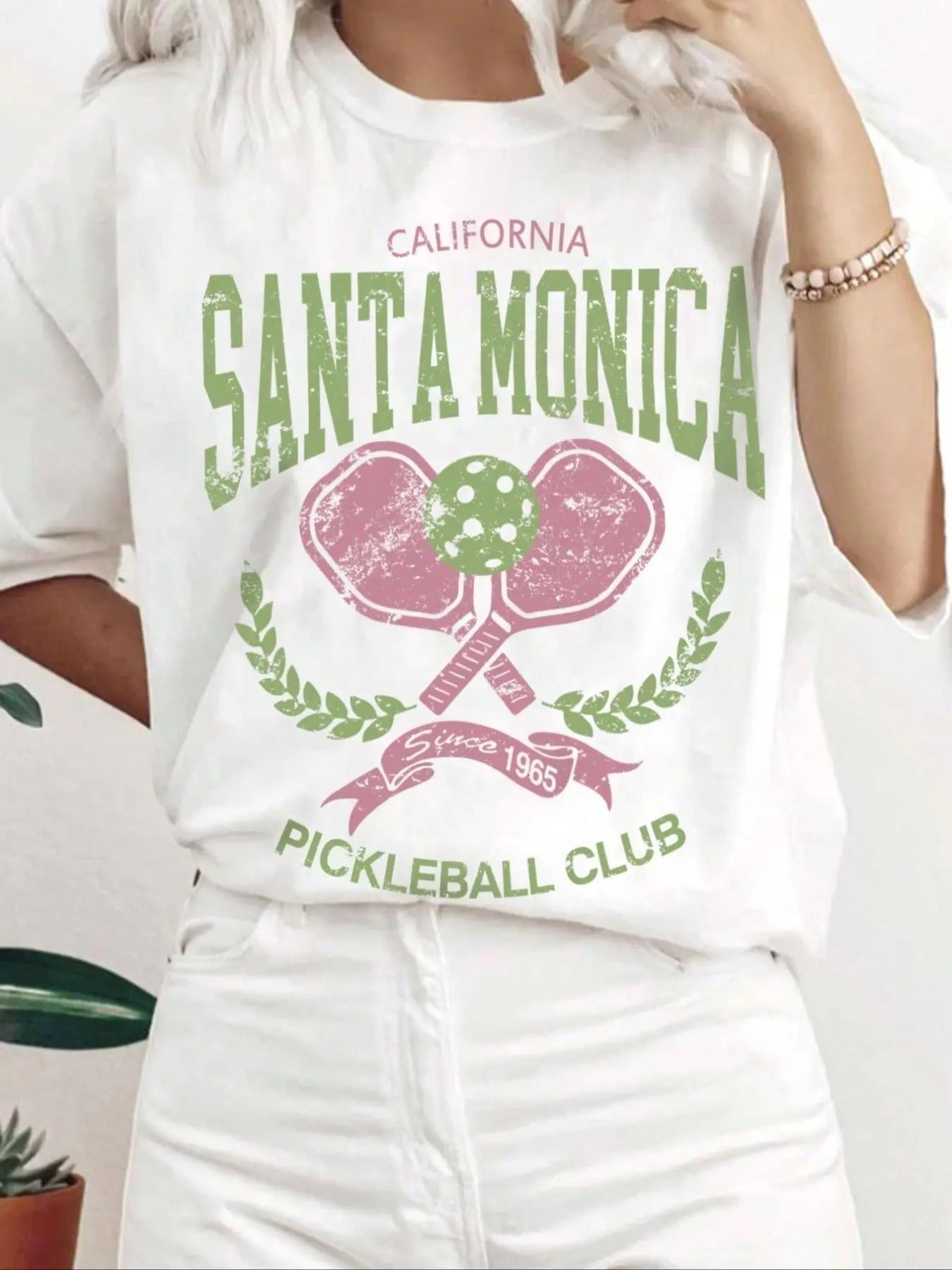 Women's Letter & Pickleball Print Drop Shoulder Tee, Half Sleeve Crew Neck T-shirt, Casual Fashion Summer Top for Daily...