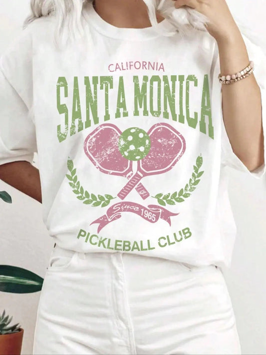 Women's Letter & Pickleball Print Drop Shoulder Tee, Half Sleeve Crew Neck T-shirt, Casual Fashion Summer Top for Daily...