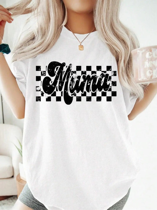 Women's Letter & Plaid Print Drop Shoulder Tee, Casual Half Sleeve Round Neck T-shirt for Summer, Fashion Women's Top for...