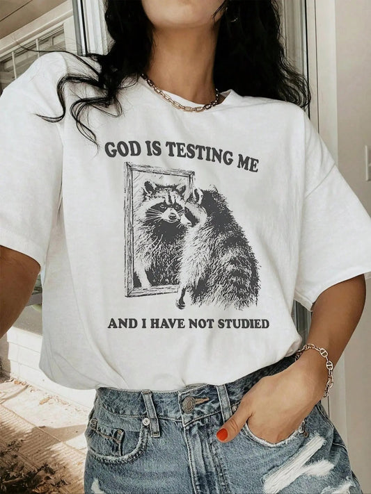 Women's Letter & Raccoon Print Drop Shoulder Tee, Casual Half Sleeve Round Neck T-Shirt for Summer, Fashion Women's Top...