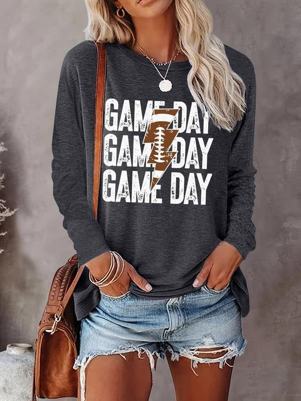Women's Letter & Rugby Lightning Print Round Neck Tee, Casual Long Sleeve Crew Neck T-Shirt for Fall & Winter, Fashion...