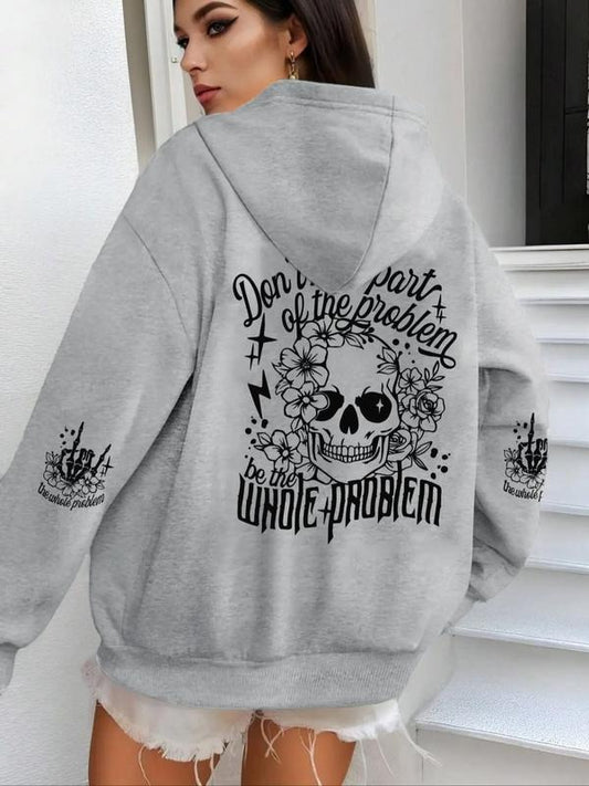 Women's Letter & Skull Print Drop Shoulder Thermal Lined  Hoodie, Fashion Casual Drawstring Kangaroo Pocket Hooded...