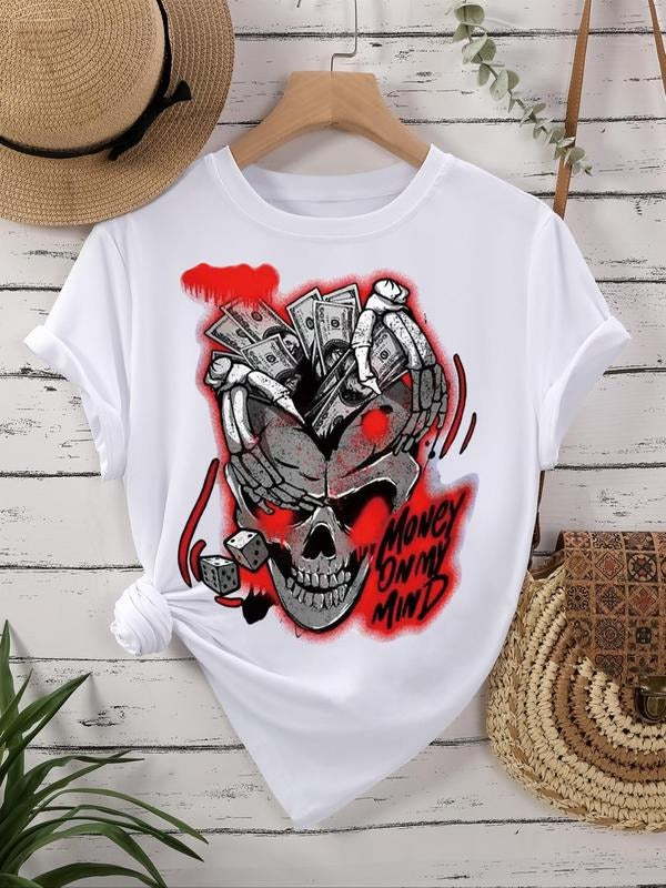 Women's Letter & Skull Print Round Neck Tee, Fashion Casual Short Sleeve Crew Neck T-shirt for Daily Holiday Vacation...