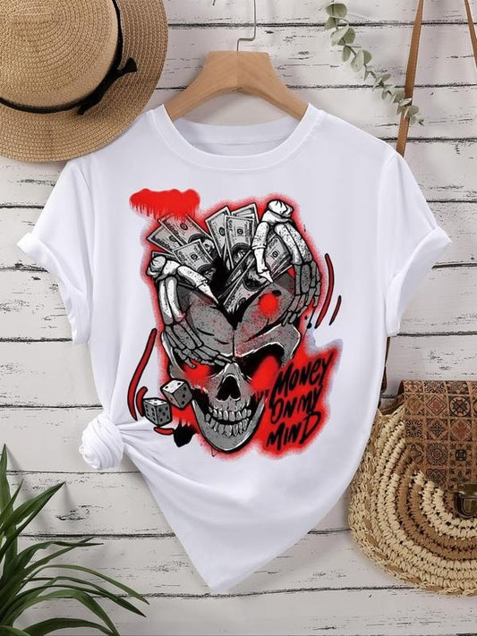 Women's Letter & Skull Print Round Neck Tee, Fashion Casual Short Sleeve Crew Neck T-shirt for Daily Holiday Vacation...