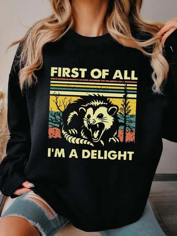 Women's Letter & Skunk Print Crew Neck Sweatshirt, Casual Long Sleeve Pullover for Fall & Winter, Women's Clothes for...