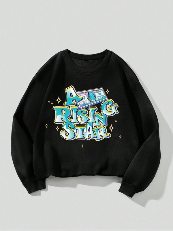 Women's Letter & Star Print Round Neck Graphic Sweatshirt, Fashion Casual Crew Neck Long Sleeve Pullover for Daily Wear,...