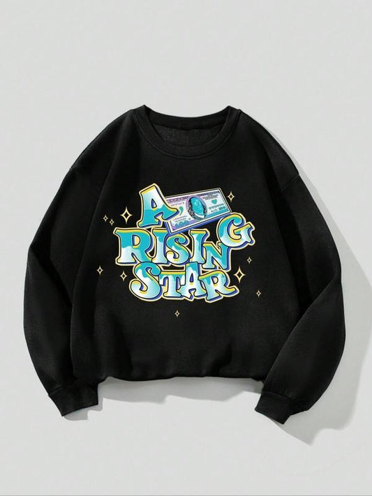 Women's Letter & Star Print Round Neck Graphic Sweatshirt, Fashion Casual Crew Neck Long Sleeve Pullover for Daily Wear,...