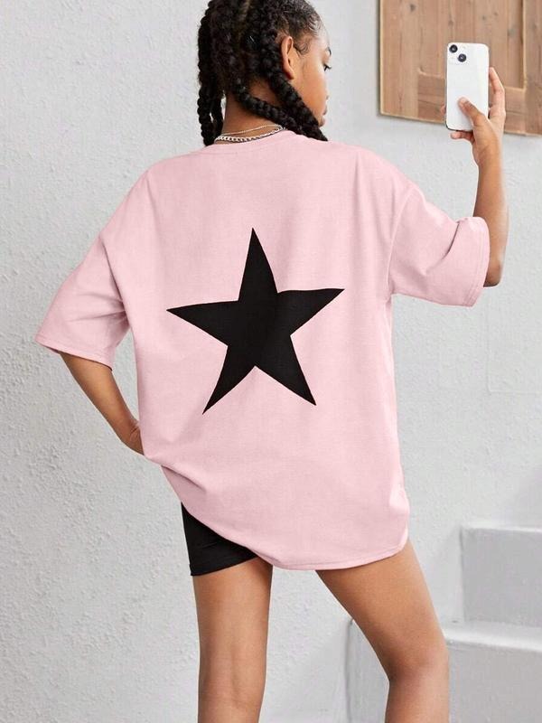Women's Letter & Star Print Round Neck Tee, Casual Short Sleeve Crew Neck T-Shirt for Summer, Fashion Women's Top for...